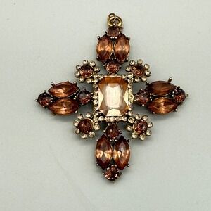 Vintage Amber Lucite Cross Pendant Gold Tone Rhinestone Statement Pendant